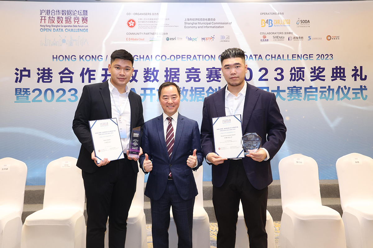 政府資訊科技總監黃志光（中）今日（八月十四日）在上海出席首屆「滬港合作開放數據競賽」頒獎典禮，與奪得「評審團大獎」的香港隊伍艾柏輪科技有限公司合照。